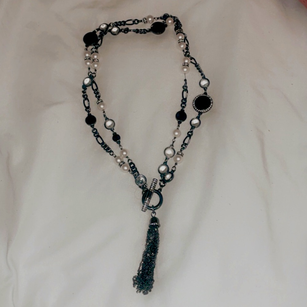 WHBM Convertible Hematite & Pearl Tassel Necklace